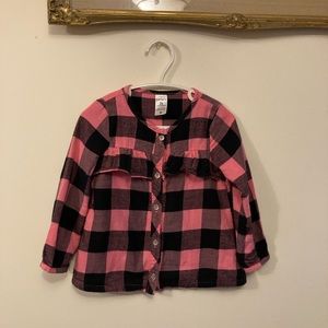 Pink & Black Plaid Button Up Shirt with Ruffle